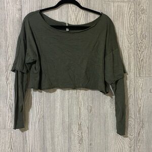 Double Zero Olive Green Long Sleeve Raw Edge Crop Top Size Medium